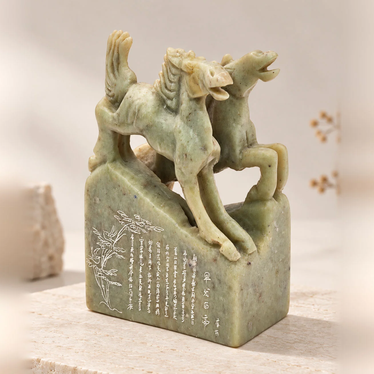 《雙駿呈祥》青綠色雙馬雕刻藝術擺件