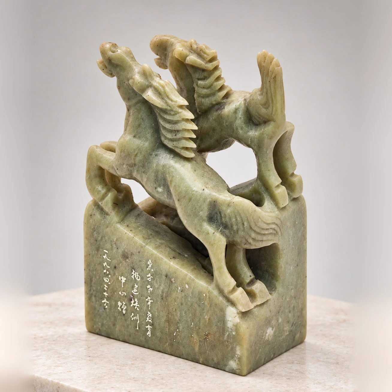 《雙駿呈祥》青綠色雙馬雕刻藝術擺件