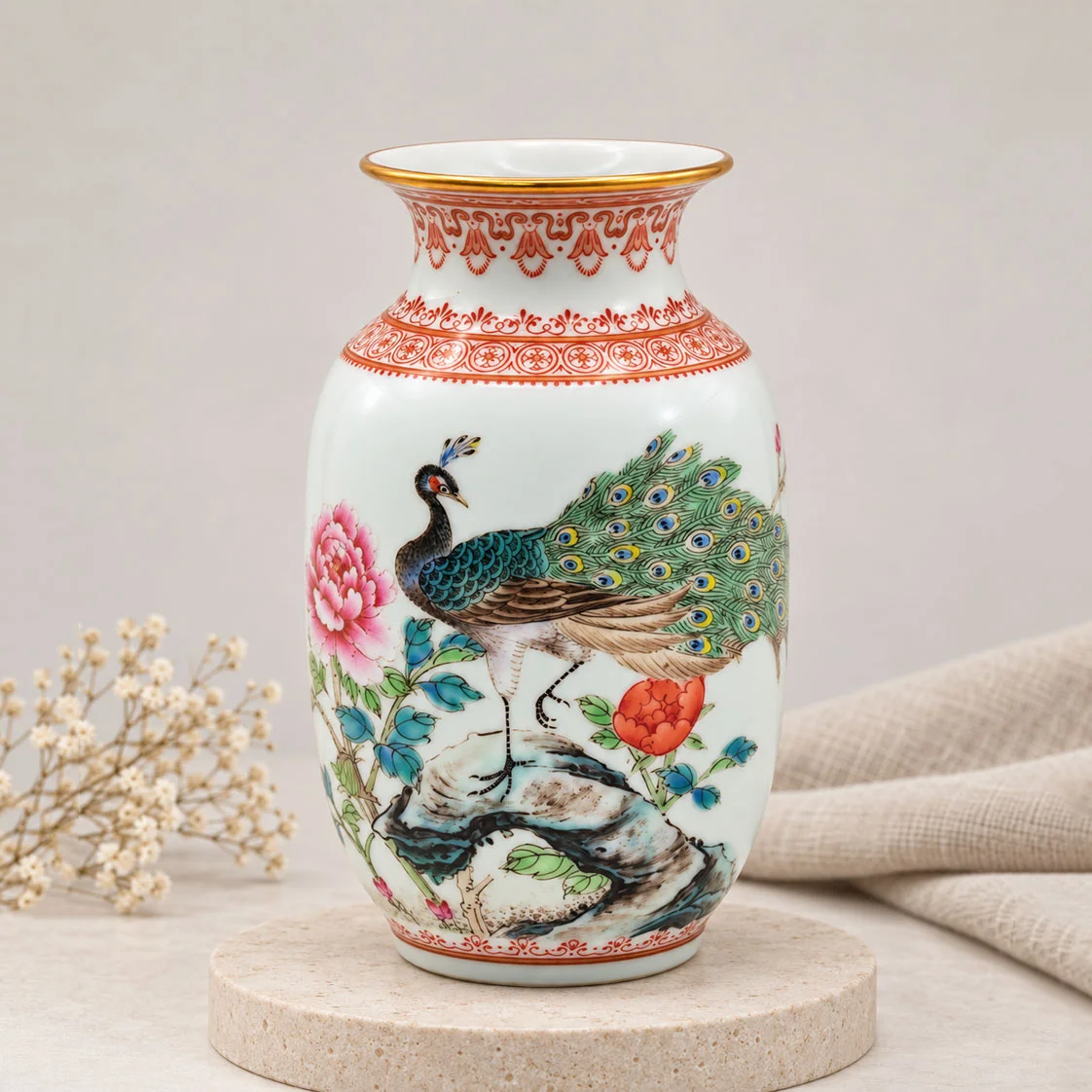 《錦羽富貴》孔雀牡丹花鳥彩繪描金瓷花瓶｜二手收藏擺件