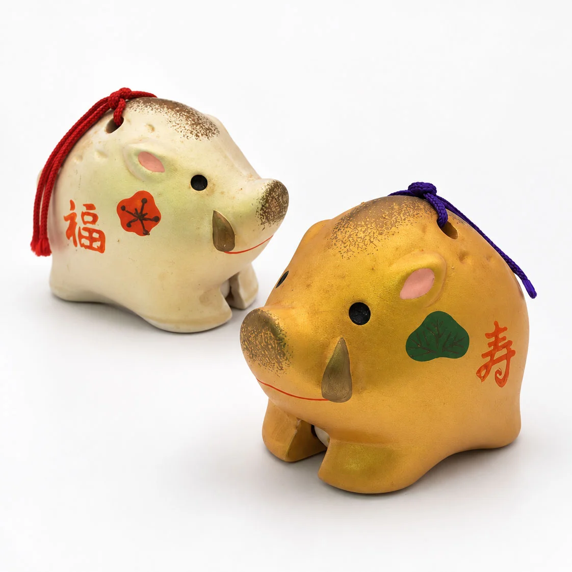 《福壽雙喜》福壽彩繪小豬擺件一對